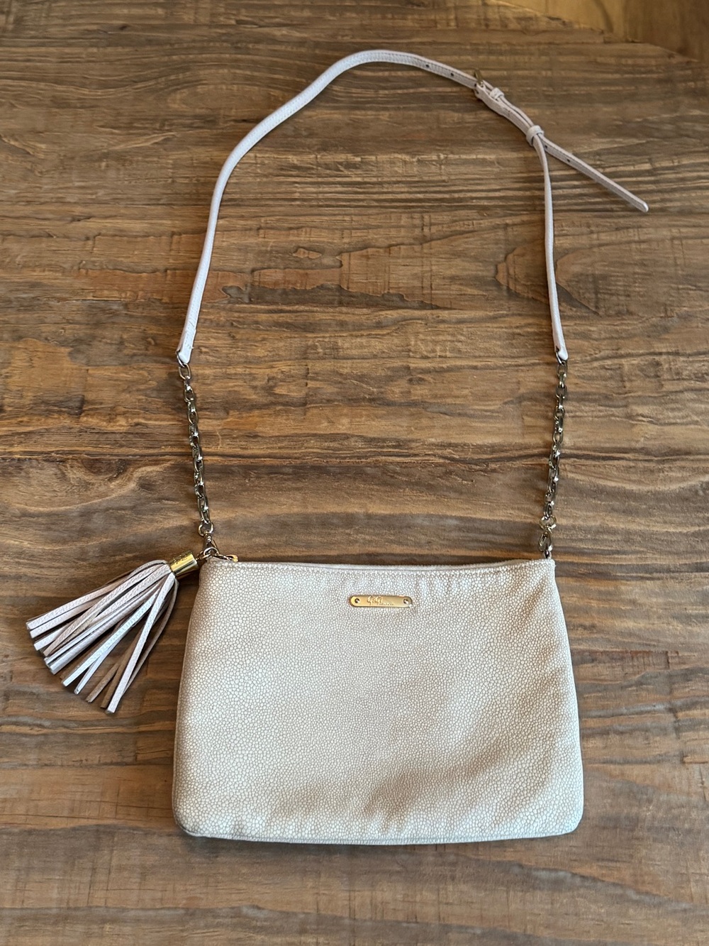 Gigi New York Beige Cream Pebbled Leather Women's Crossbody Bag Gold Chain